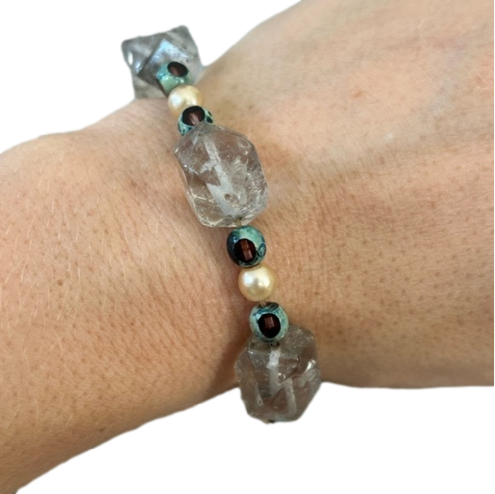 Clear and brown Glass Bead Elastic Bracelet